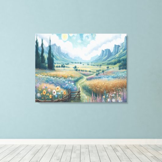 穏やかな風景：花と山の咲く キャンバスプリント (インサイチュ (ウッドフロア))