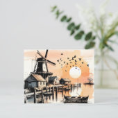 穏やかな風車の夕焼け港 シーズンポストカード (スタンド正面)