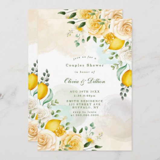 穏やかな黄色のバラのレモンのカップルのシャワー招待状 (正面/裏面)