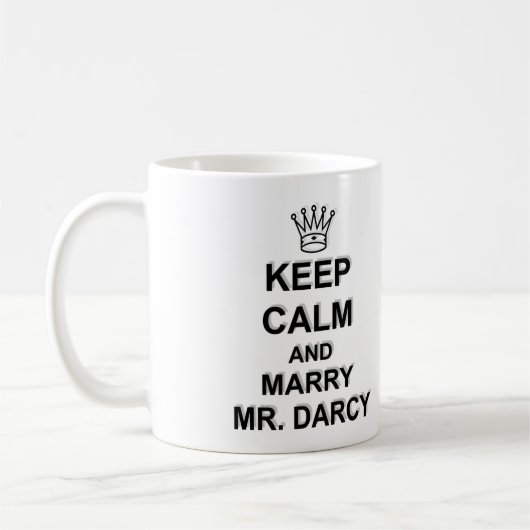 穏やか保ち、氏を結婚して下さいDarcy -黒い文字 コーヒーマグカップ (左)