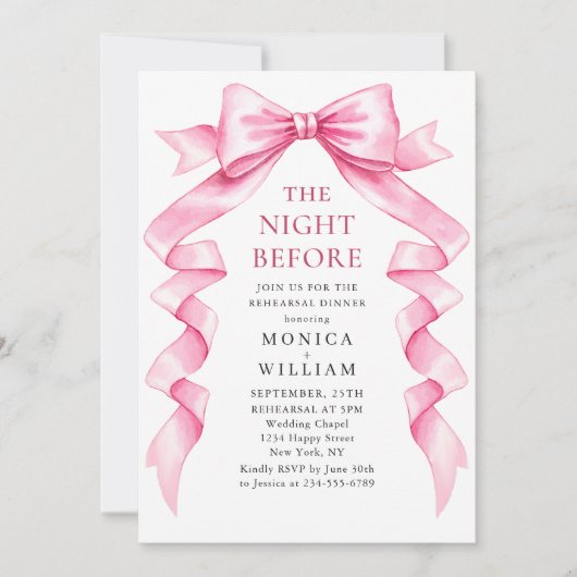 穏エレガントやかなピンクのリボンのリハーサルディナー 招待状 (正面)