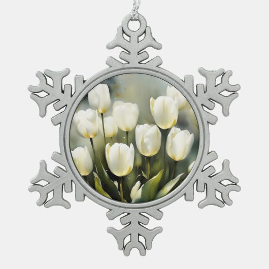 穏エレガントやかな庭の白いチューリップの束 スノーフレークピューターオーナメント (正面)