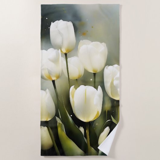 穏エレガントやかな庭の白いチューリップの束 ビーチタオル (正面)
