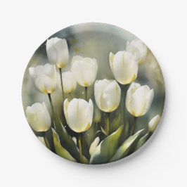 穏エレガントやかな庭の白いチューリップの束 ペーパープレート