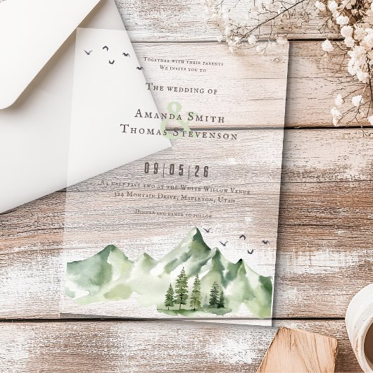 穏エレガントやかな緑の山の結婚風景 アクリル招待状