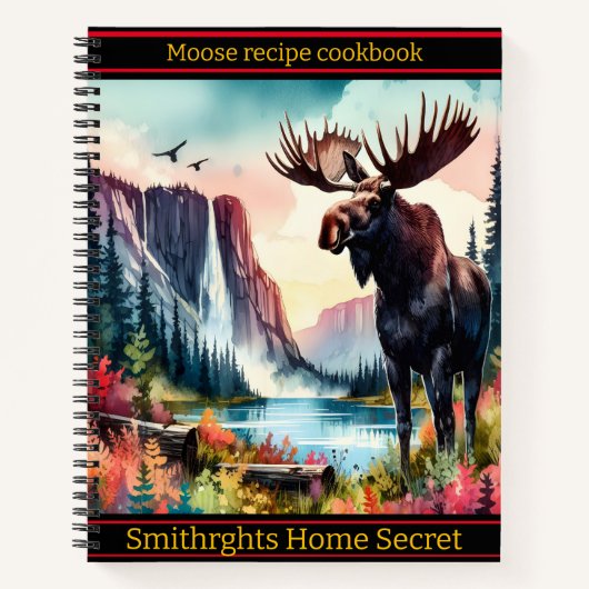 穏威厳のあるやかな山の湖のそばに立つムース ノートブック (正面)