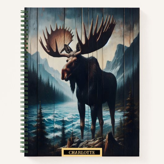 穏威厳のあるやかな山の湖のそばに立つムース ノートブック (正面)