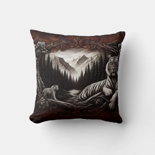 穏威厳のあるやかな森の風景にベンガルの虎 クッション (正面)