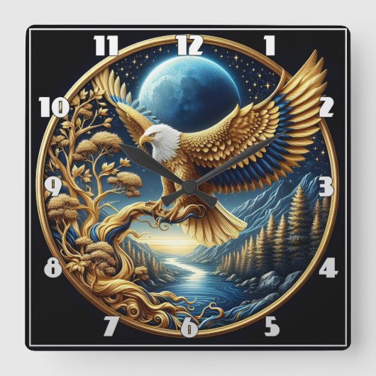 穏威厳のあるやかな河に止まるワシ スクエア壁時計 (正面)