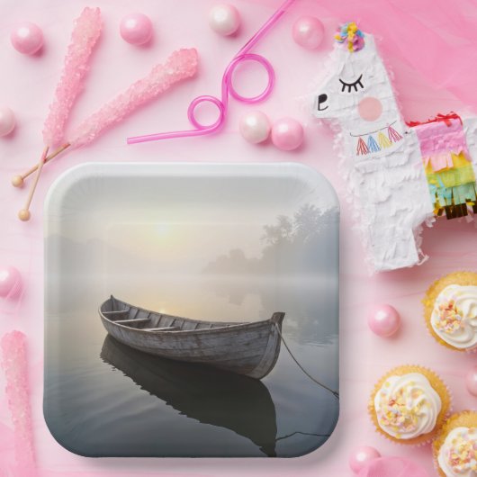 穏素朴やかな湖に浮かぶ古い木製のボート ペーパープレート (パーティー)