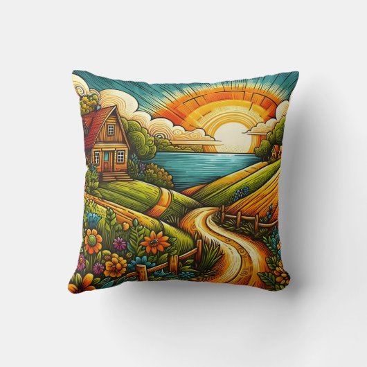 穏鮮やかやかな田園地帯に沈む夕日 クッション (裏面)