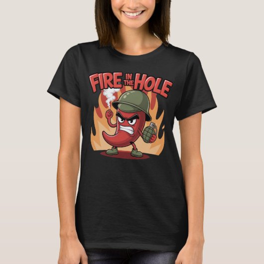 穴の火スパイシー唐辛子の食べおもしろい物 Tシャツ (正面)