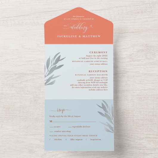 穴モダンあきRSVP結婚付きサンゴと青 オールインワン招待状 (内側)