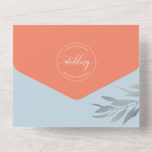 穴モダンあきRSVP結婚付きサンゴと青 オールインワン招待状 (裏面)