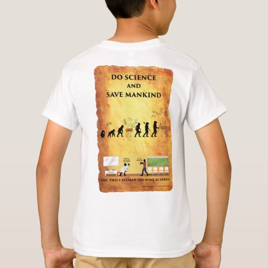 穴居人は科学の頭が切れるなギアの子供のTシャツをします Tシャツ (裏面)