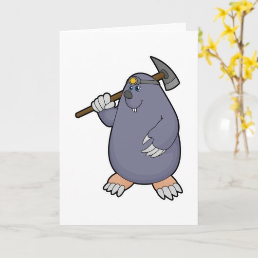 穴掘り農夫のモグラ(シャベルとスポットライト付き) カード (黄色い花)