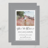 究極のグレーと白のエレガントなボーダー写真、エンゲージ（婚約）しました。 セーブザデート (正面/裏面)