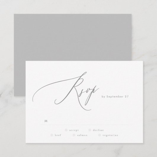 究極のシンプルライトグレー白スクリプモダント 出欠カード (正面/裏面)