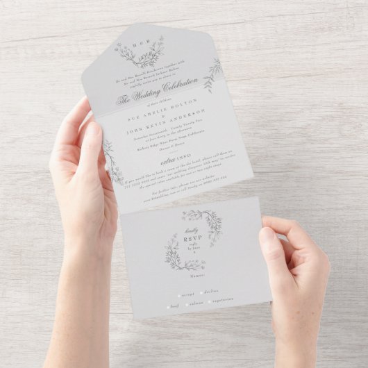 究極のフローラグレイ伝統的モノグラム結婚ズ オールインワン招待状 (貼ってはがせる)