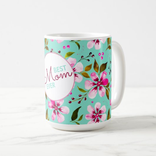 究極のママへ オーダーメイド アクアブルーとピンクの花 コーヒーマグカップ (正面右)