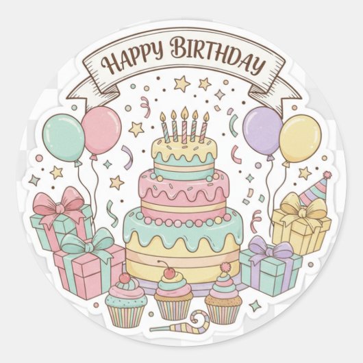 究極の誕生日お祝い: ケーキ、プレゼント、風船 ラウンドシール (正面)
