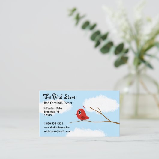 空が曇る木の枝に赤い鳥 名刺 (スタンド正面)