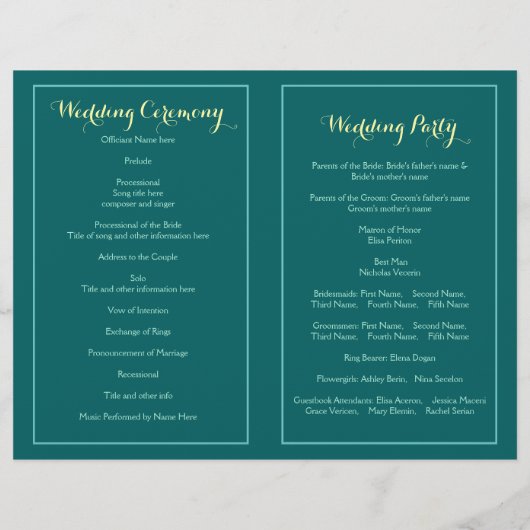 空きらめくの照明ティール（緑がかった色）、結婚式プログラム (裏面)