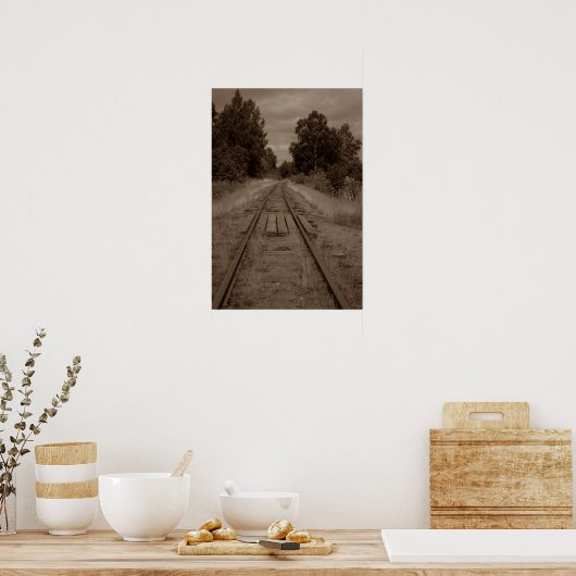 空き列車の廃車軌道セピア写真 ポスター (キッチン)