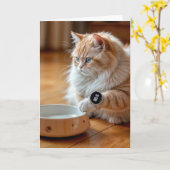 空き誕生日と時計を備えたフード頭が切れる猫 カード (黄色い花)