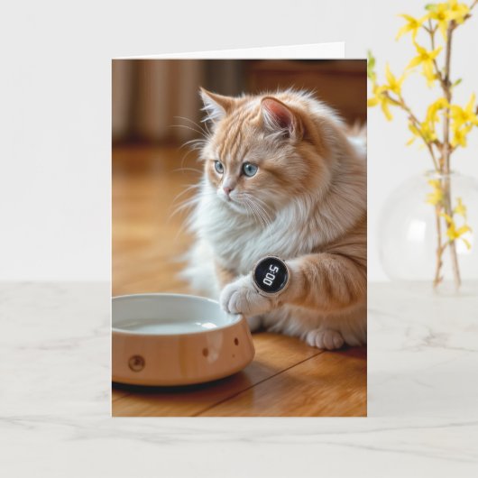 空き誕生日と時計を備えたフード頭が切れる猫 カード (黄色い花)