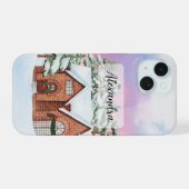 空と松カラフルの木の冬の居心地の良い家 iPhone 15ケース (裏面横)