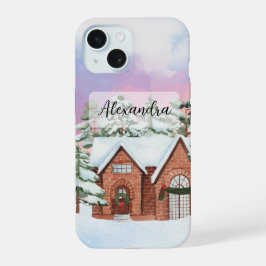 空と松カラフルの木の冬の居心地の良い家 iPhone 15ケース