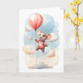 空に浮かぶかわいい水彩ねずみ ブランク カード (黄色い花)