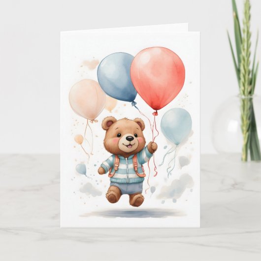 空に浮かぶかわいい水彩画のクマの子 ブランク カード (正面)