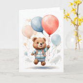空に浮かぶかわいい水彩画のクマの子 ブランク カード (黄色い花)