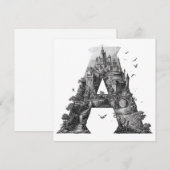 空に浮かぶ城のあるファンタジーなAの手描きイラスト シーズンカード (正面/裏面)