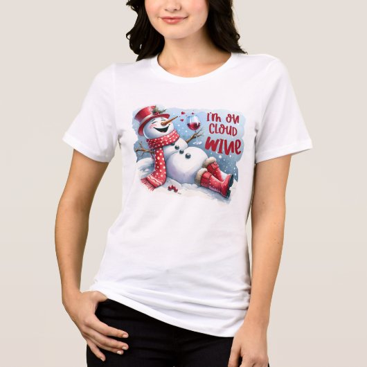 空に浮かぶ気分 面白い雪だるま ワインを飲む トライブレンドTシャツ (正面)