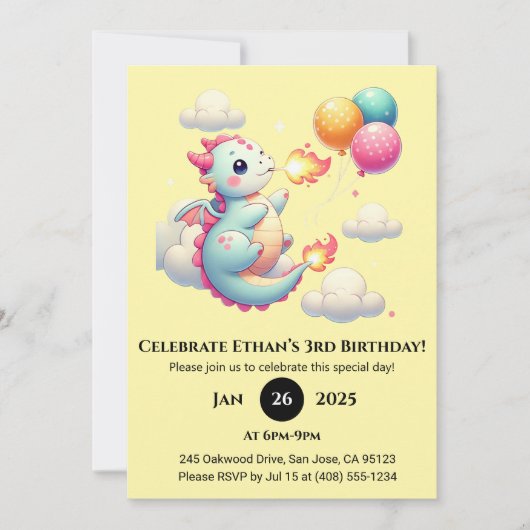 空に浮かぶ風船を持ったベビードラゴンの誕生日 招待状 (正面)