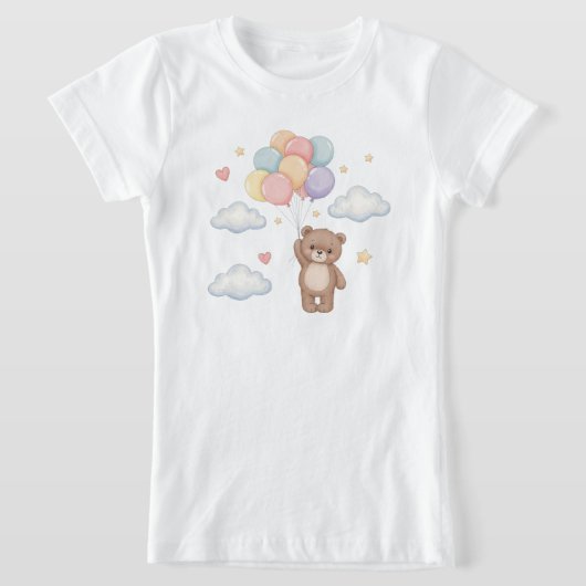 空に風船を持ったかわいいテディベア Tシャツ (レイダウン)