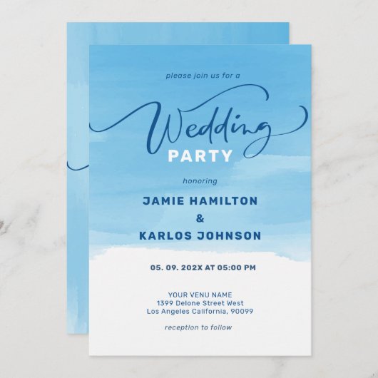 空のような青い水彩画の背景とエレガントなタイポグラフィ 招待状 (正面/裏面)