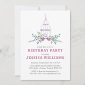 空のケージとピンクの花の誕生日 招待状 (正面)