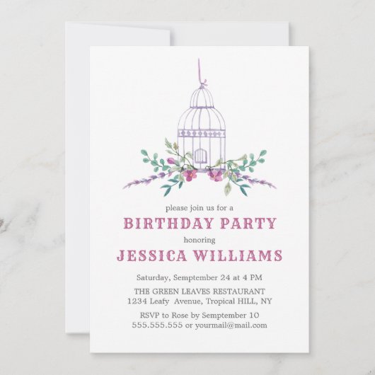 空のケージとピンクの花の誕生日 招待状 (正面)