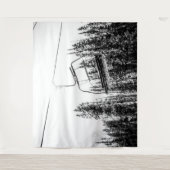 空のスキリフト//黒と白の冬 タペストリー (正面)