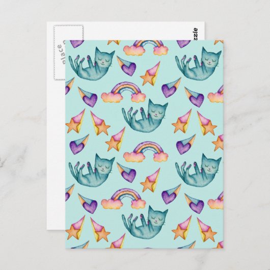 空の水彩模様に浮かぶ夢の猫 ポストカード (正面/裏面)