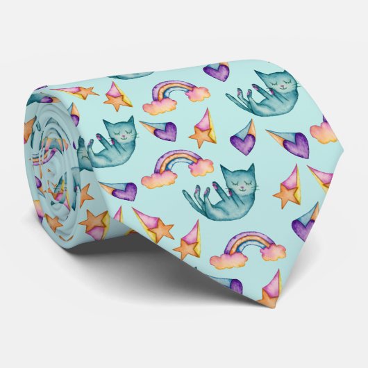 空の水彩画パターンで浮かんでいる夢みるような猫 ネクタイ (ロール)