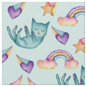 空の水彩画パターンで浮かんでいる夢みるような猫 ファブリック (クローズアップ)