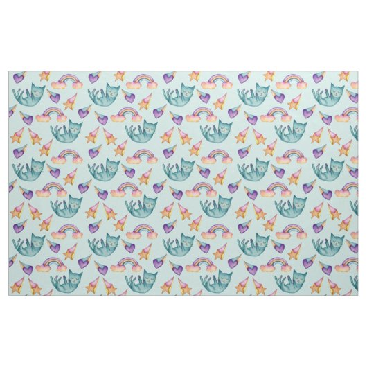 空の水彩画パターンで浮かんでいる夢みるような猫 ファブリック (ファットクウォーター)