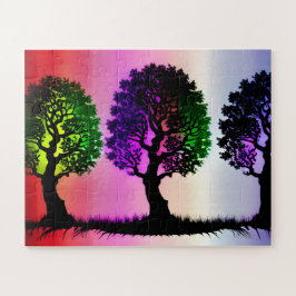 空の背景を持つ黒いシルエットカラフルツリー ジグソーパズル