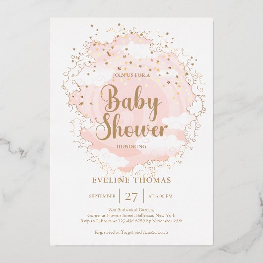 空の赤ちゃんシャワーにピンクと金ゴールドの星が雲 箔招待状 (正面)