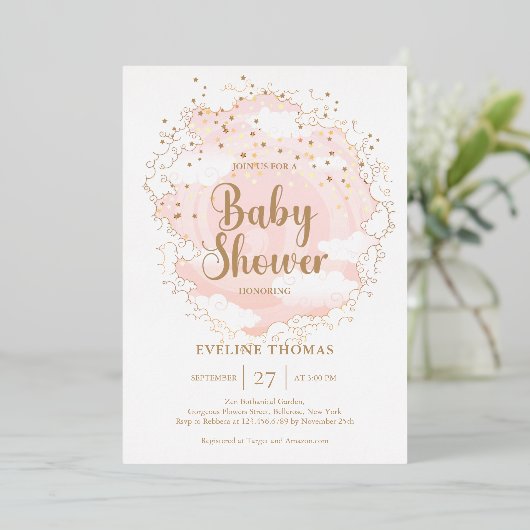 空の赤ちゃんシャワーにピンクと金ゴールドの星が雲 箔招待状 (立ち正面)
